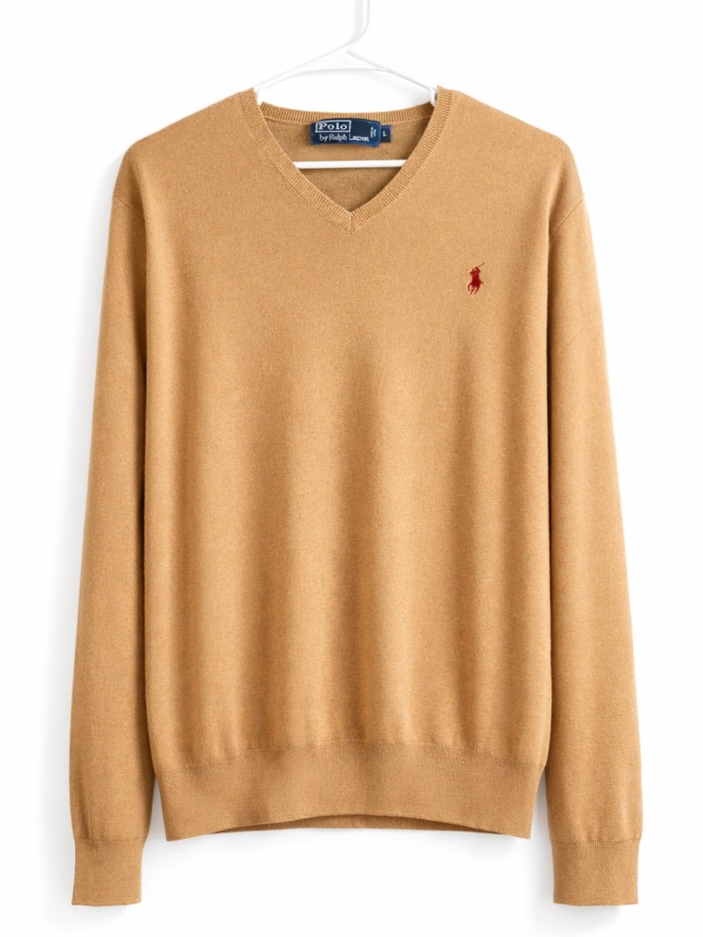 Polo by Ralph Lauren Camel V-Neck Sweater with Red Pony